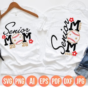 Senior honkbal moeder Png Svg, klasse van 2026 voor- en achterkant van shirtontwerpen voor ouders, gelaagde Cricut, sublimatiebestanden