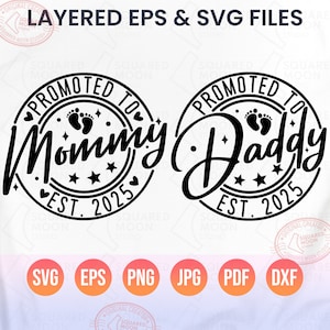 Promovido a Mamãe (Est. 2025) Svg | Promovido a Papai (Est. 2025) Svg | Anúncio de Bebê Digital | Anúncio de Gravidez 2025 | Arquivos Cricut para Novas Mamães