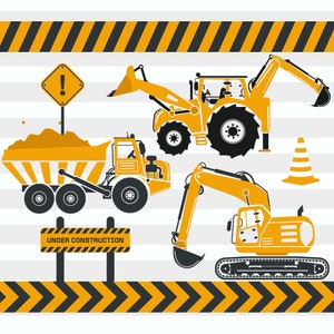 May include: A set of yellow construction vehicles including a dump truck, a backhoe, and an excavator. The vehicles are on a striped background with a sign that reads "Under Construction".