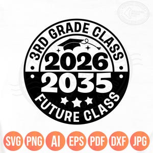 Pode incluir: Gráfico circular em preto e branco com o texto "3rd Grade Class 2026-2035 Future Class". O design inclui um chapéu de formatura e estrelas. Abaixo, círculos laranja com abreviações de tipo de arquivo.