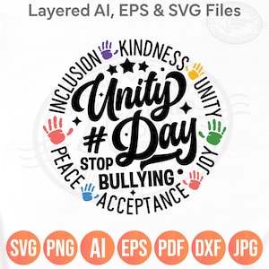 May include: A circular graphic with the words "Unity Day" in a bold, black font, surrounded by words like "Kindness" and "Acceptance." Colorful handprints and stars accent the design, with file type icons below.