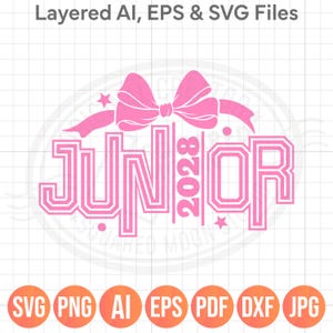 May include: A pink graphic design featuring the text JUNIOR with the year 2028 vertically integrated in the center. The design includes a large bow at the top, small stars, and circular accents, all presented on a light grid background.