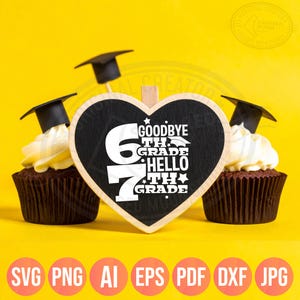 May include: A heart-shaped chalkboard with the text "Goodbye 6th Grade, Hello 7th Grade" is centered between two cupcakes topped with graduation caps. The background is yellow, and the image includes file type icons.