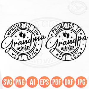 Vovó de Novo Svg PNG, Promovido a Vovô de Novo Est 2026, Anúncio de Bebê Digital, Revelação de Gravidez para Avós