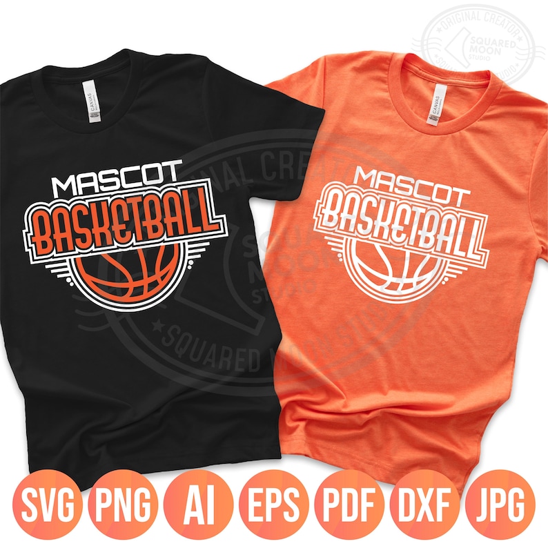 May include: Two t-shirts, one black and one orange, with a basketball design. The design includes the text "MASCOT BASKETBALL" above a basketball graphic. The bottom of the image shows file type icons: SVG, PNG, AI, EPS, PDF, DXF, and JPG.