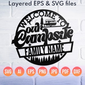 Willkommen auf unserem Zeltplatz Schild SVG Png Dxf | DIY personalisierte Namensvorlage | Familie Camping Digital Design für Metall und Holz Schilder| Lagerleben