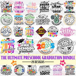 Vorschul-Abschluss-Svg-Png-Bundle (28 Designs), 2025 Vorschul-Graduierten-T-Shirts Designs für Kinder Jungen und Mädchen, Schulabschluss-Dateien