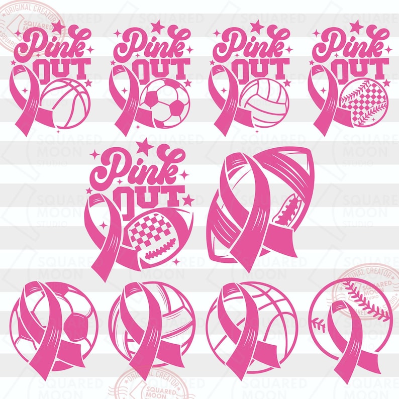 May include: Pink Out design with a pink ribbon and various sports balls, including a basketball, soccer ball, volleyball, football, and baseball. The text "Pink Out" is written in a stylized font.