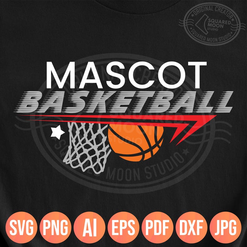 May include: Black t-shirt with a basketball-themed graphic. The design features the words "MASCOT BASKETBALL" in white and gray, a basketball, net, and a red arrow. Below are file type icons: SVG, PNG, AI, EPS, PDF, DXF, and JPG.