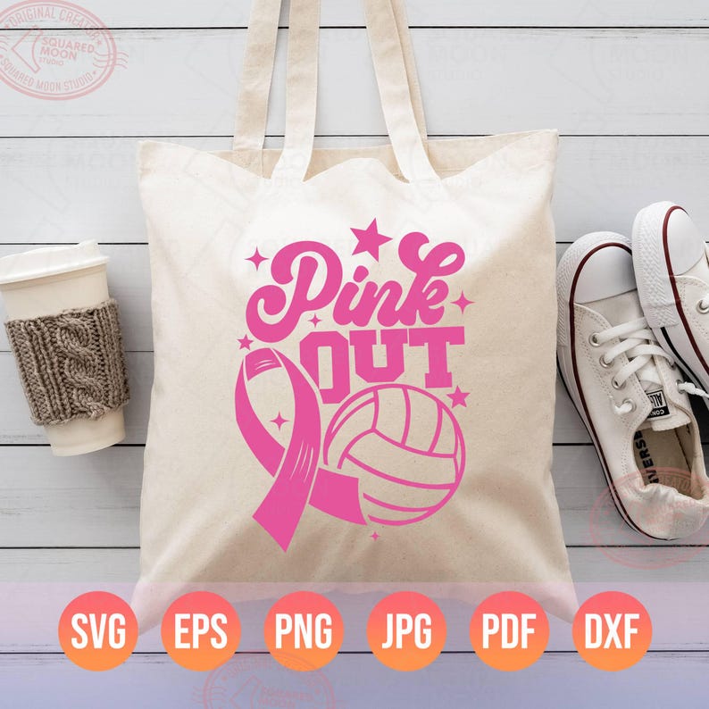 May include: A pink tote bag with the text "Pink Out" and a pink ribbon and volleyball graphic. The bag is made of canvas and has a natural color.