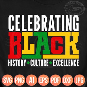 May include: A black and white graphic design with the text "Celebrating Black History Culture Excellence" in white letters. The word "Black" is in large, colourful letters with red, yellow, and green accents.
