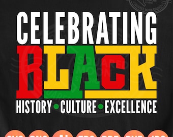 Peut inclure: Un design graphique noir et blanc avec le texte "Celebrating Black History Culture Excellence" en lettres blanches. Le mot "Black" est en grandes lettres colorées avec des accents rouge, jaune et vert.