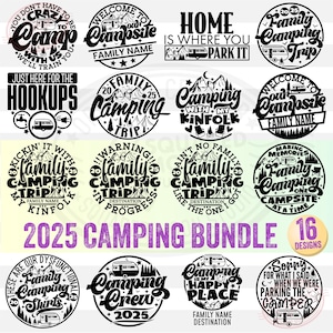 Paquete SVG de camping, divertido viaje familiar de camping 2025 (PNG), regalos para campamentos de verano, aventura en autocaravana, sublimación de siluetas de Cricut, DXF y PDF
