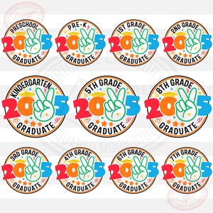 卒業シャツ SVG PNG バンドル、2025 年最終学日、(幼稚園、プレ K、幼稚園 1 年生、2 年生、3 年生、4 年生、5 年生、6 年生、7 年生、8 年生) 子供用