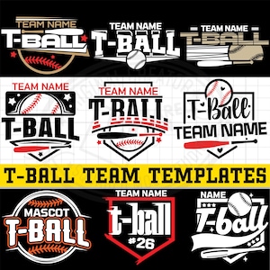 May include: A selection of T-Ball team templates. The designs include the text "T-BALL" with baseballs, bats, and stars. The colour palette consists of black, white, red, and orange, suitable for team branding.