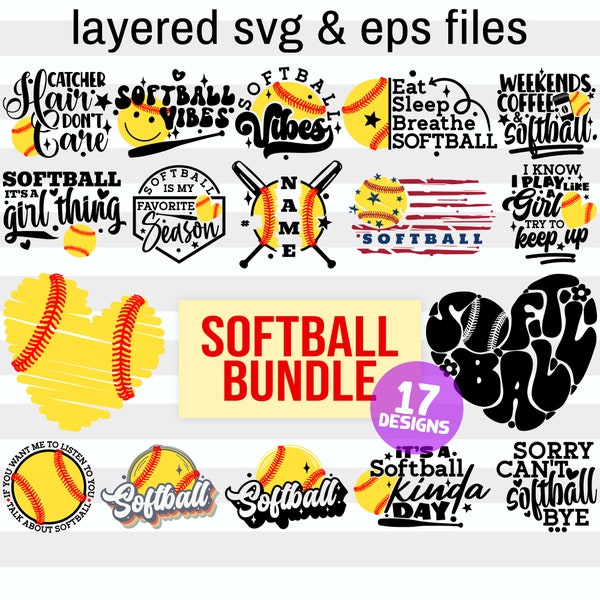 Lot de balles molles (17 modèles) | Cadeau de softball pour fille et femme | Énonciations drôles de softball pour des chemises, des gobelets | Fichiers numériques superposés
