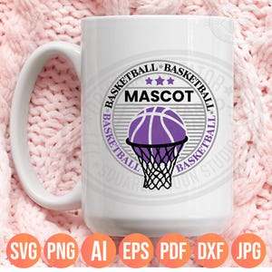 May include: White ceramic mug featuring a basketball design. The design includes a purple basketball, net, and the word "MASCOT" in black. The words "BASKETBALL" are printed around the design in a circle.