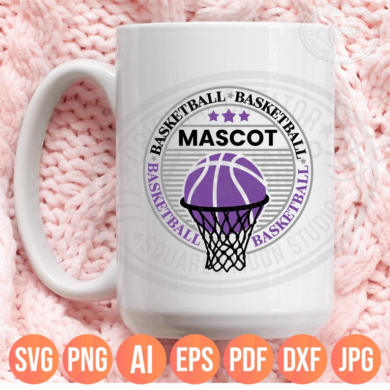 May include: White ceramic mug featuring a basketball design. The design includes a purple basketball, net, and the word "MASCOT" in black. The words "BASKETBALL" are printed around the design in a circle.