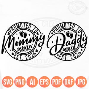 Anuncio digital de bebé, promoción de nuevo a mamá y papá (Est. 2026), revelación de embarazo para padres, regalo para mamá y papá por segunda vez, archivos en capas