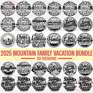 Paquete de Svg y Png de vacaciones familiares (31 diseños), recuerdos de montaña para el viaje familiar de 2025, camisetas familiares divertidas a juego, archivos digitales