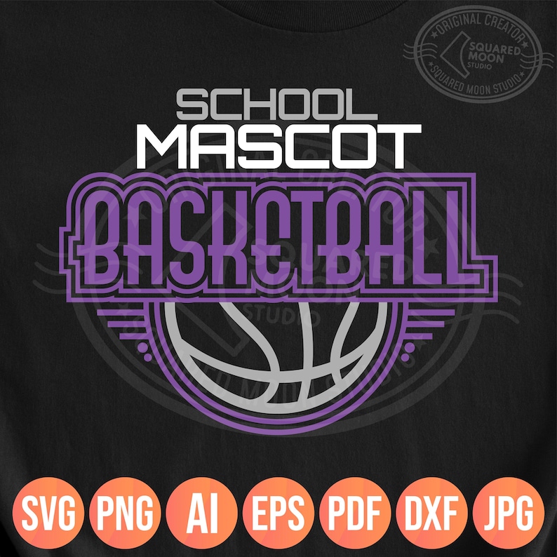 May include: Black t-shirt with a purple and white basketball design. The text reads "SCHOOL MASCOT BASKETBALL" above a basketball graphic. Below the design are file type icons: SVG, PNG, AI, EPS, PDF, DXF, and JPG.