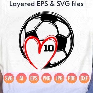 サッカーボールSVG| サッカーSVG| ハート付きサッカーボール| DIYパーソナライズされた選手番号| サッカーママPNGギフト| レイヤードデジタルカッティングファイル