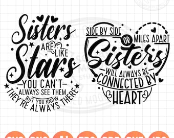 Side by Side of Miles Apart Svg| Sisters Are Like Stars Svg| Bundel met zussen-svg | Verjaardagscadeaus voor zussen| Digitale Cricut-bestanden| Png Eps Dxf