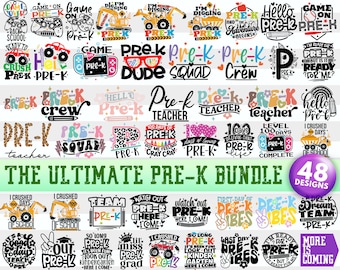 May include: A collection of 48 layered SVG and EPS files for pre-k teachers. The designs feature a variety of themes, including "Game On Pre-K", "Pre-K Teacher", "100 Days of Pre-K", and "First Day of Pre-K".