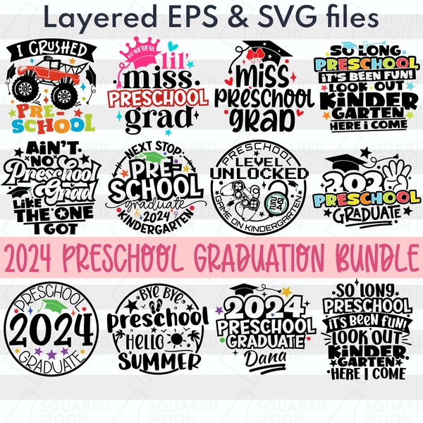 Vorschul-Abschluss-Svg Png (12 designs) | 2024 Vorschulabschluss Geschenk für Kinder, Jungen & Mädchen | Ende des Schuljahres | Vorschule Grad Dateien