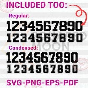 May include: A digital graphic featuring black numbers with white outlines in regular and condensed fonts. The numbers 1 through 0 are displayed in two styles. The text "INCLUDED TOO" and "SVG-PNG-EPS-PDF" are also visible.