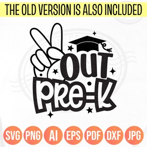 May include: Black and white graphic design with the text "Out Pre-K" and a graduation cap. The design includes a peace sign and stars.