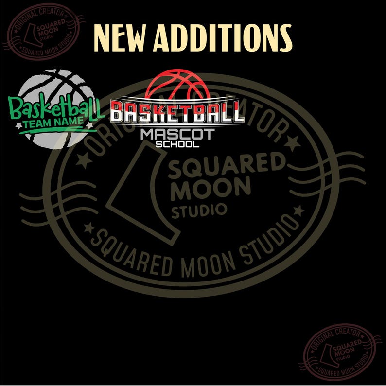 May include: Black background with the words "NEW ADDITIONS" in gold. The image features basketball-themed logos, including a basketball with the text "Basketball Team Name" and another with "Basketball Mascot School". The logos are in green, red, and white.