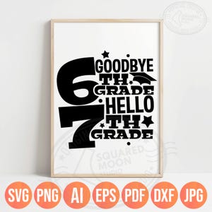 May include: A framed print with the words "Goodbye 6th Grade, Hello 7th Grade" in black, with a graduation cap graphic. The numbers 6 and 7 are prominently displayed. The bottom of the frame shows file type icons.