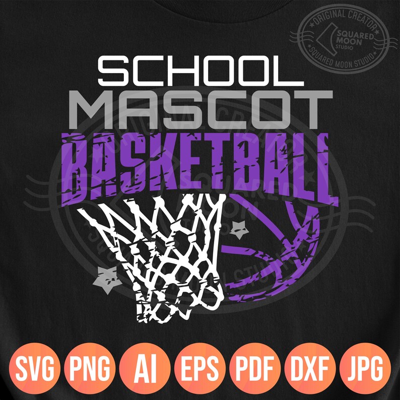 May include: Black t-shirt with a basketball design. The design includes the words "SCHOOL MASCOT BASKETBALL" in white and purple, along with a basketball net and a basketball graphic. The bottom of the shirt has file type icons.