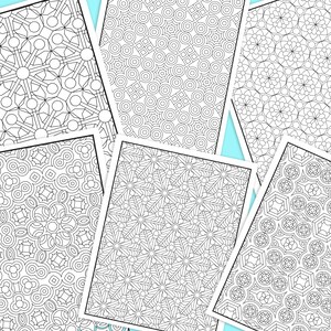 Puede incluir: Un conjunto de siete p&aacute;ginas para colorear en blanco y negro con intrincados patrones geom&eacute;tricos. Cada p&aacute;gina tiene un dise&ntilde;o diferente, incluyendo c&iacute;rculos, cuadrados y estrellas.