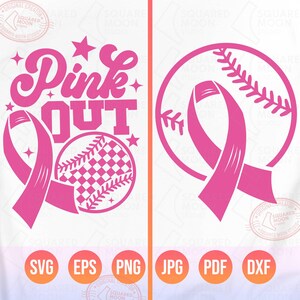 May include: Pink Out design with a pink ribbon and a baseball with a checkered pattern. The text "Pink Out" is in a retro font.