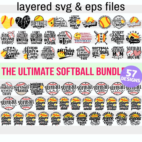 Softball Svg Bundle (57 Designs)| Softball Gift for Girls| Softball Mom Svg| Funny Softball Sayings| Softball Family| Layered Digital Files