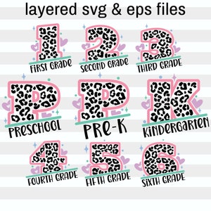Teacher Leopard SVG PNG Bundle, Preschool-6th Grade Initial Designs (Instant Digital Download)