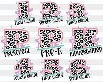 Teacher Leopard SVG PNG Bundle, Preschool-6th Grade Initial Designs (Instant Digital Download)