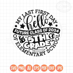 May include: A circular black and white graphic design featuring the text MY LAST FIRST DAY, hello, FUTURE CLASS OF 2034, and 5TH GRADE OF ELEMENTARY SCHOOL. The design includes icons of a backpack, a globe, a pencil, and stars on a grid background.