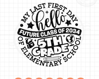 Può includere: Un design grafico circolare in bianco e nero con il testo MY LAST FIRST DAY, hello, FUTURE CLASS OF 2034 e 5TH GRADE OF ELEMENTARY SCHOOL. Il design include icone di uno zaino, un mappamondo, una matita e stelle su uno sfondo a griglia.