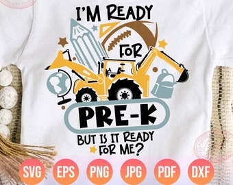 Camisetas PNG e SVG para meninos com tema de volta às aulas, "Estou pronto para a pré-escola, mas será que ela está pronta para mim?", camisetas PNG de futebol americano para crianças e arquivos para o primeiro dia de aula.