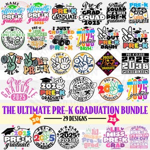 Pre k afstuderen Svg Png bundel, 2025 kleuterschool shirts ontwerpen voor jongens en meisjes afgestudeerden, laatste dag van school, Cricut sublimatie