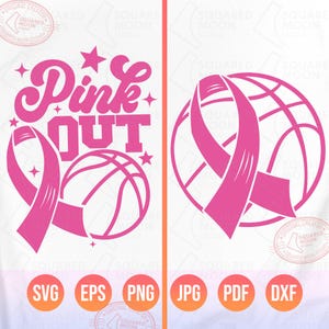 Ensemble de basket-ball Svg Png pour le cancer du sein, basket-ball rose avec ruban, fichiers numériques pour la sensibilisation au cancer, Silhouette Cricut et sublimation