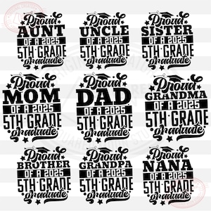 5e leerjaar afstuderen Svg Png, trotse moeder van een 2025 5e leerjaar afgestudeerde, familie van een vijfde klasser Grad, sublimatie silhouet Cricut-bestanden