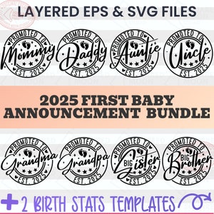 Anuncio de bebé Svg/ Promovido a mamá y papá/ Revelación de embarazo 2025/ Tía est. 2025/ Regalo familiar a juego Png/ Archivo digital Cricut