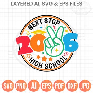 May include: A vibrant circular graphic with the words "NEXT STOP HIGH SCHOOL". The design includes the number "2026", a peace sign, a graduation cap, and stars. File types: SVG, PNG, AI, EPS, PDF, DXF, JPG. The image is suitable for various digital projects.