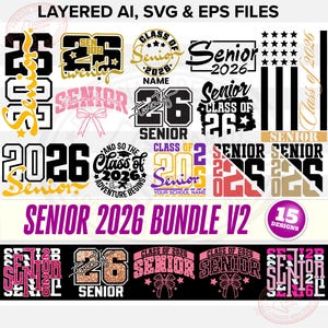 Senior 2026 Png Svg Bundle (15 Designs), Class of 2026 Senior Shirt Designs for Girls & Boys, High School Pink Bow Girly Gifts, Dxf Jpeg Pdf