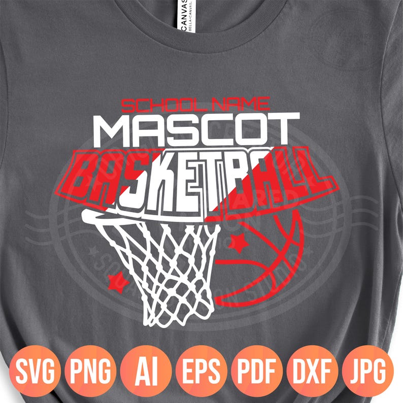 May include: Gray t-shirt with a basketball design. The design includes the word "MASCOT" in white, and "BASKETBALL" in red. A basketball net and ball are also featured. Below are file type icons: SVG, PNG, AI, EPS, PDF, DXF, and JPG.