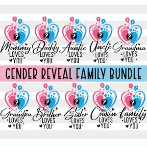 Paquete SVG de revelación de género/Anuncio de embarazo digital/SVG de niño o niña/Anuncio de bebé PNG/SVG de revelación de género familiar/Archivos de corte Cricut
